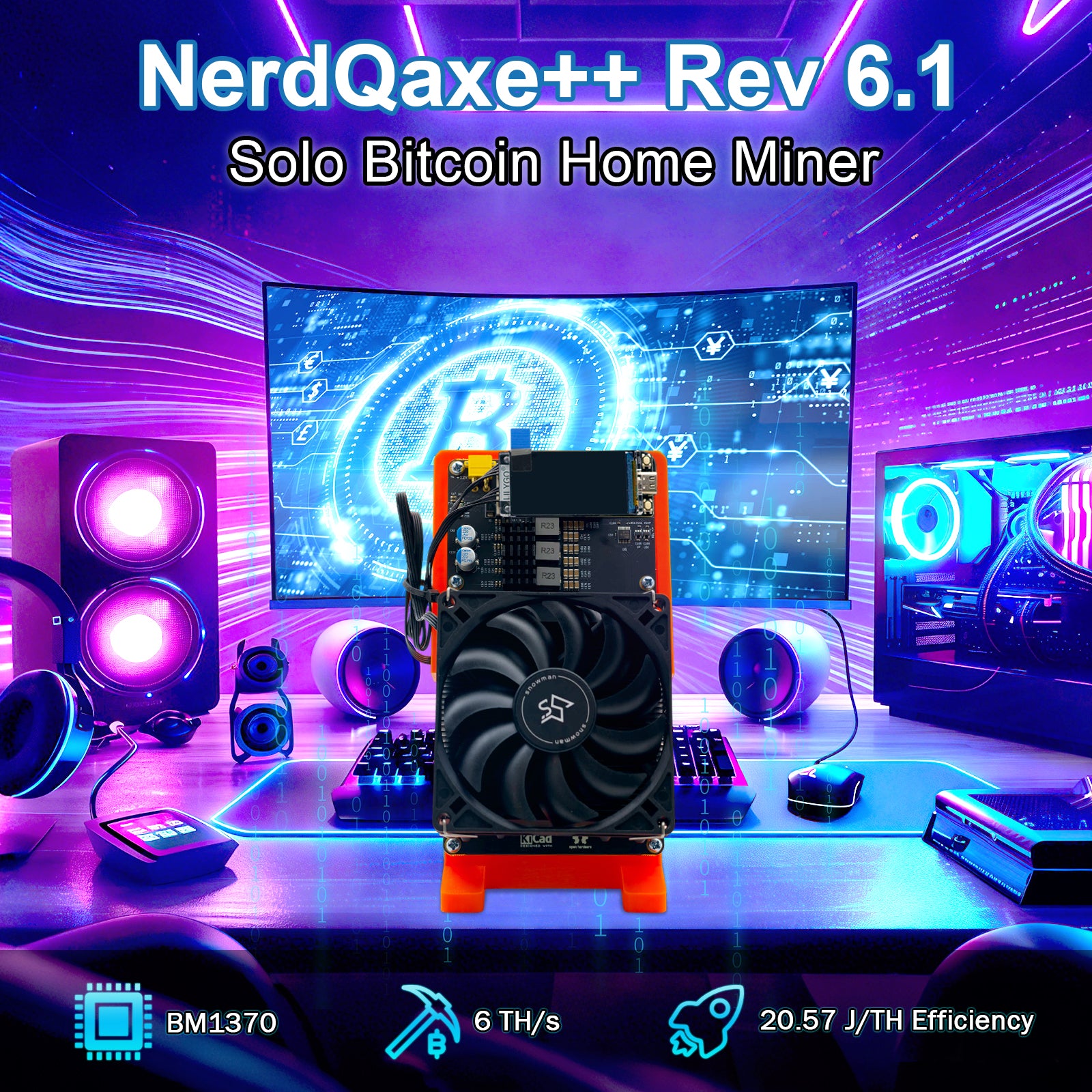 NerdQaxe++ Rev 6TH/s BTC Miner - 100W Dual-Fan BM1370 ASIC Machine