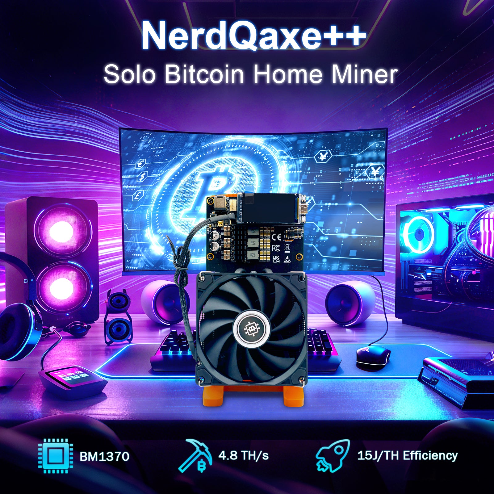 NerdQaxe++ 4.8TH/s Solo Bitcoin Miner | Air-Cooled |Orange(Power & Stand Included)