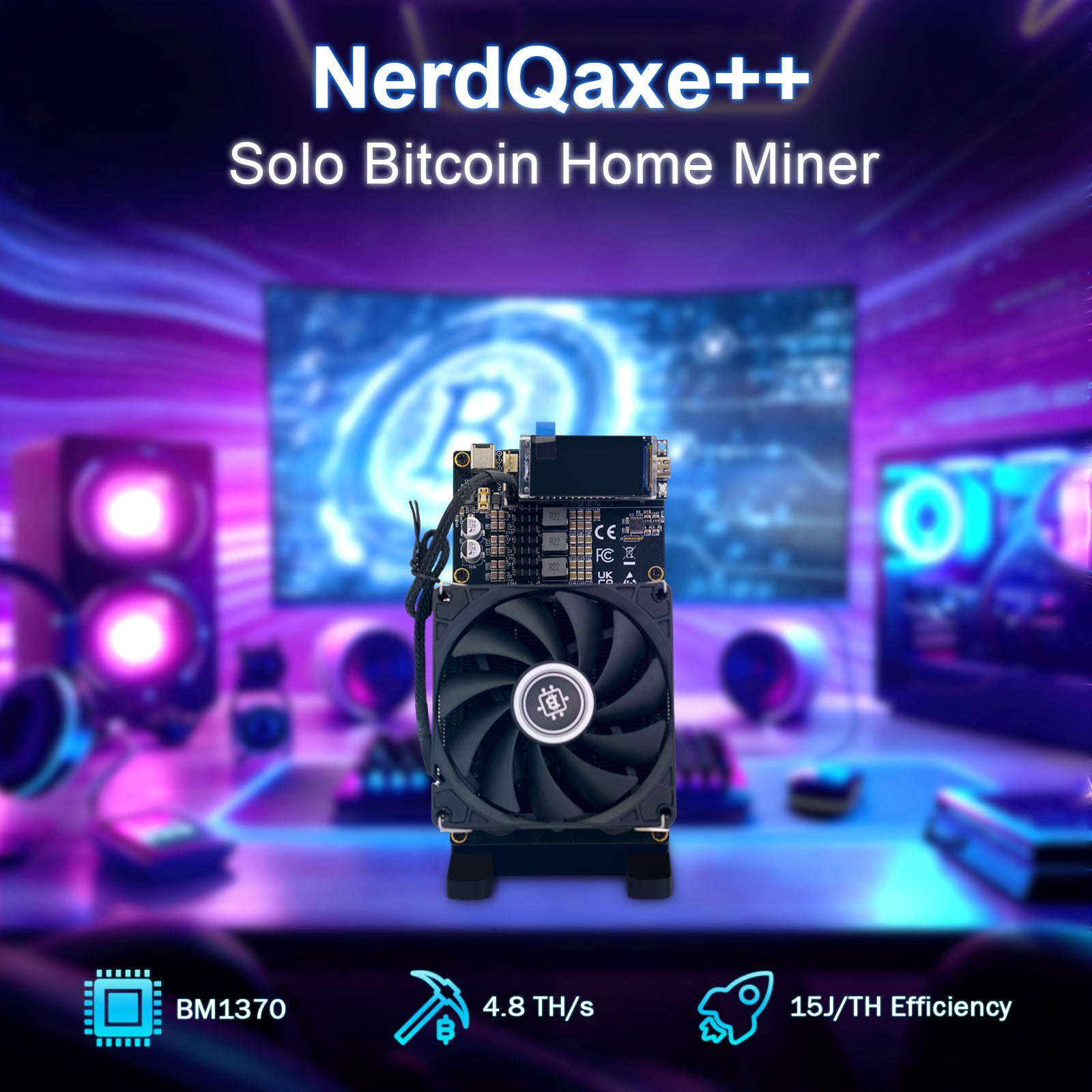 NerdQaxe++ 4.8TH/s Solo Bitcoin Miner | Air-Cooled|black  (Power & Stand Included)
