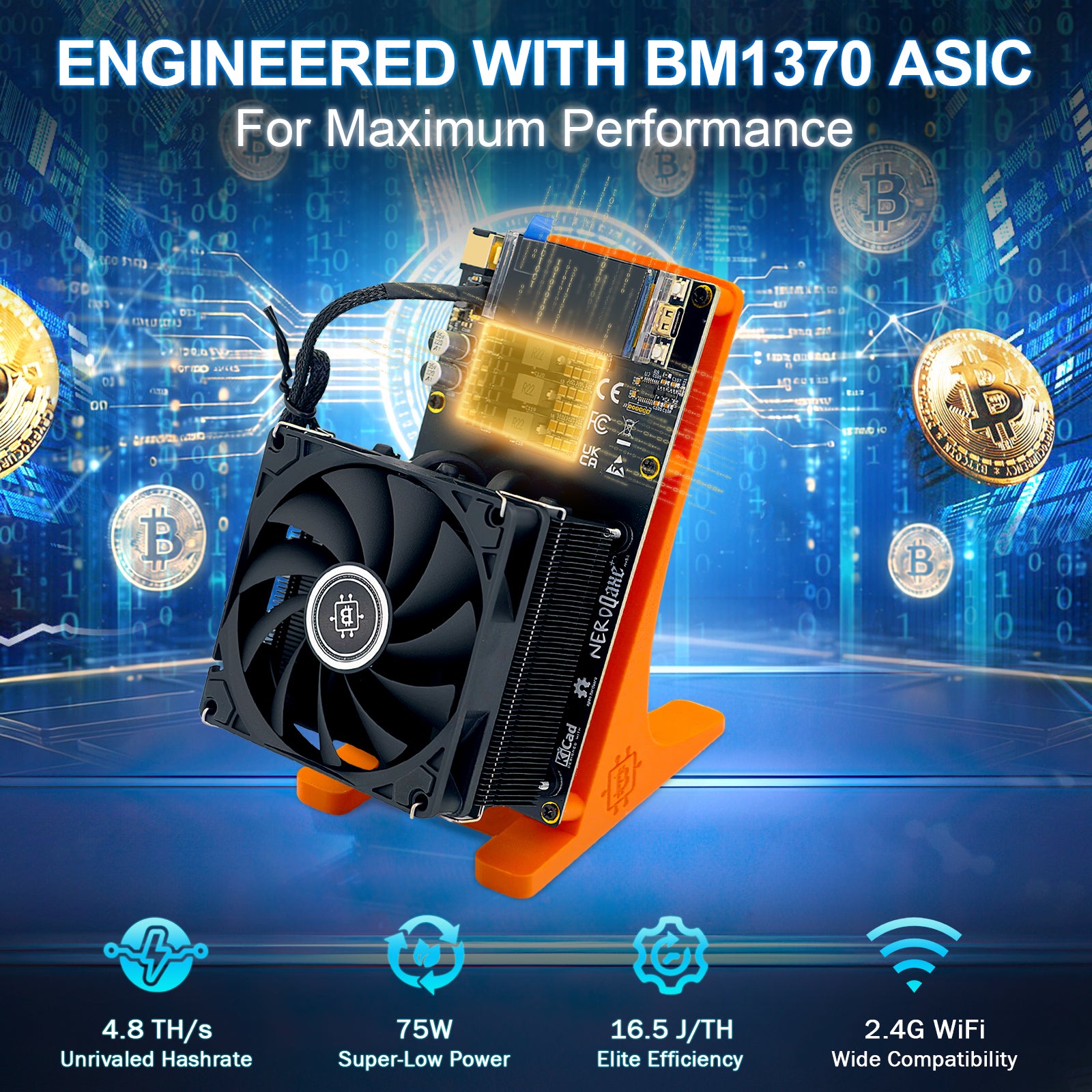 NerdQaxe++ 4.8TH/s Solo Bitcoin Miner | Air-Cooled |Orange(Power & Stand Included)