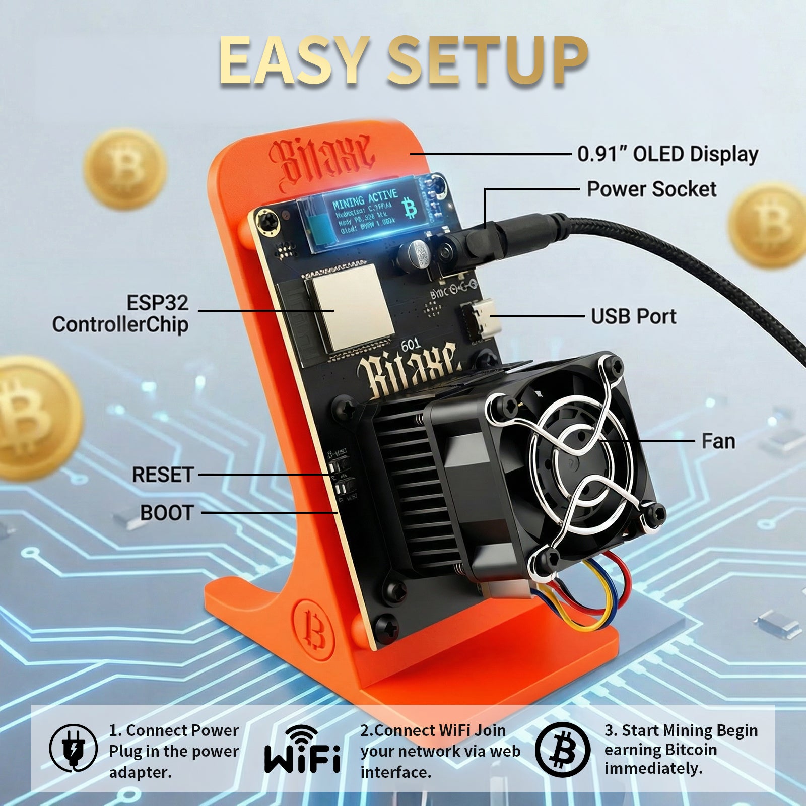 Bitaxe Gamma Lottery Miner | Up to 1.2TH/s |3D-Printed Enclosure | Orange(Power Supply Included)