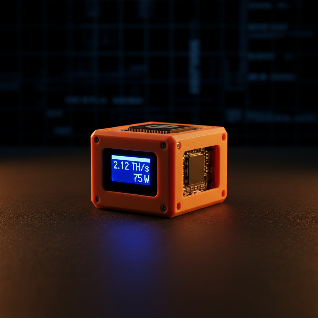Bitaxe Gamma Bitcoin Lottery Miner with orange 3D-printed enclosure on dark background