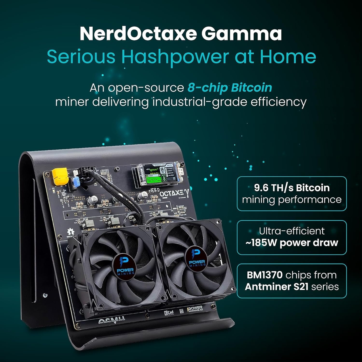 NerdOctaxe Gamma 9.6 TH/s Bitcoin ASIC Miner – Open-Source Home Node (Incl. Power Supply & Stand)