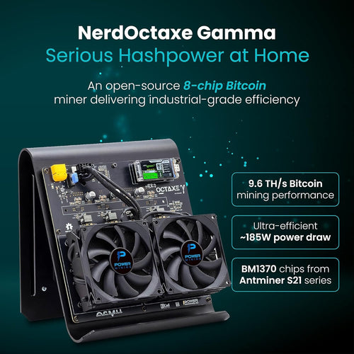 NerdOctaxe Gamma 9.6 TH/s Bitcoin ASIC Miner – Open-Source Home Node (Incl. Power Supply & Stand)