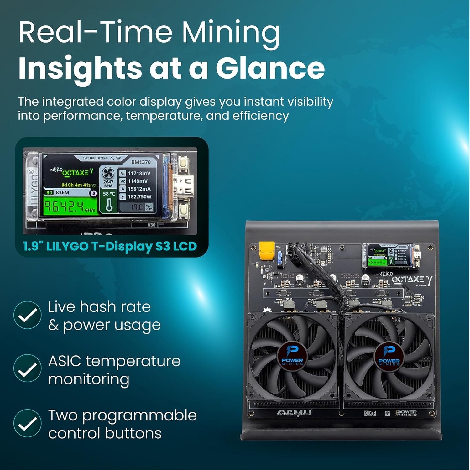NerdOctaxe Gamma 9.6 TH/s Bitcoin ASIC Miner – Open-Source Home Node (Incl. Power Supply & Stand)